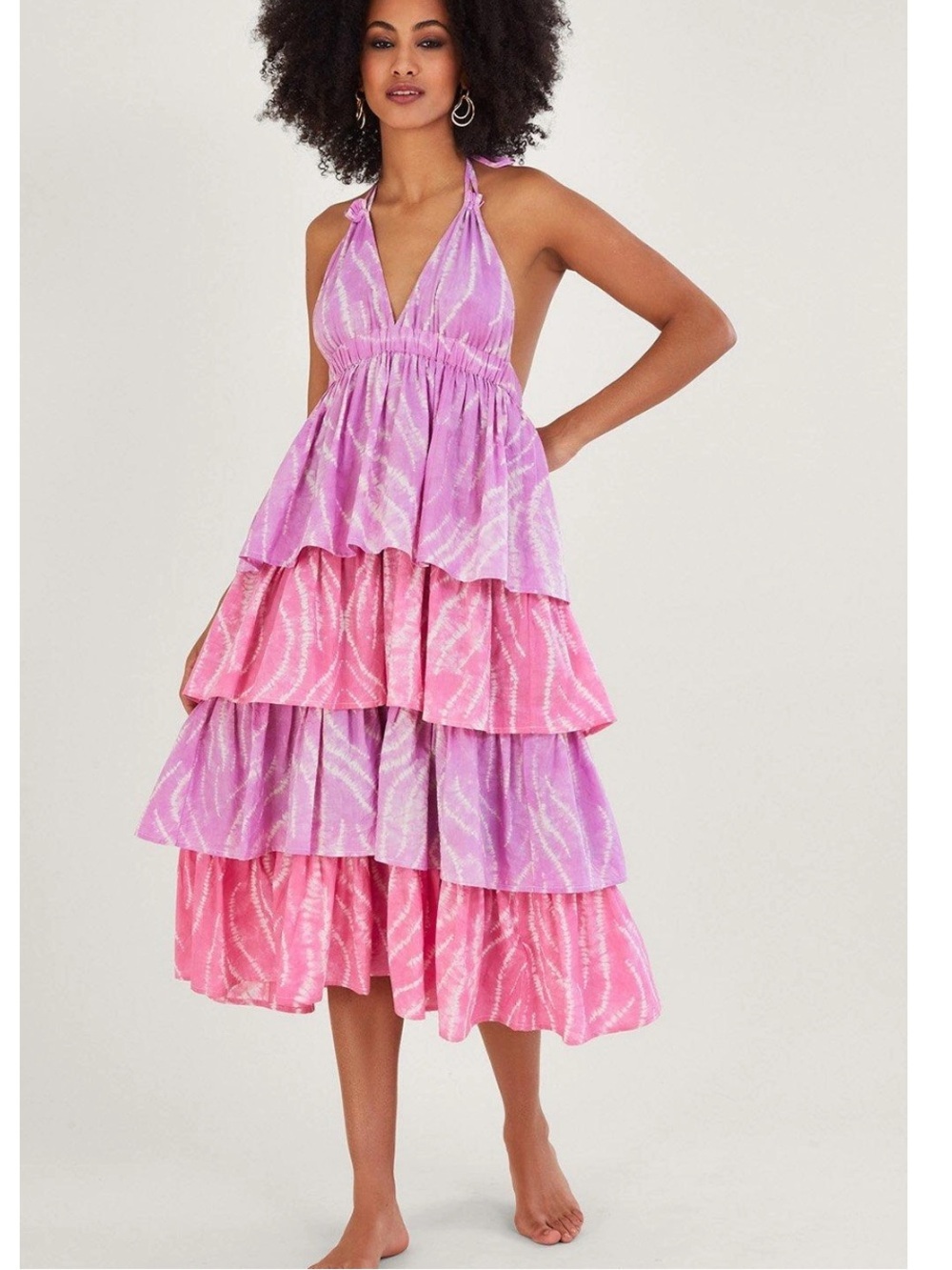 Monsoon Women’s Pink Purple Shibori Tie Dye Tiered Halter Maxi Dress Siz XL AA-3